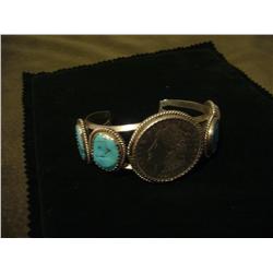Rare 1921 Morgan Dollar and 4 Large Turquoise Sterling Bracelet