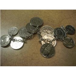 Silver Coin Bracelet W/Foreign Silver Coins, Approx 12 Coins