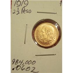 1919 Mexican Gold Two and a Half (2.5) Peso Coin