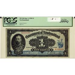Newfoundland 1920 $1 NF-12d Nfld Gov note #A340194, PCGS VF25 PPQ