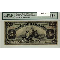 The Bank of Hamilton 1914 $5 #1791102, CH345-20-06 PMG VG10.