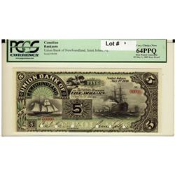 The Union Bank of Newfoundland, 1889 $5 #00000, Face Proof CH-750-16-04s, PCGS CH UNC64PPQ.