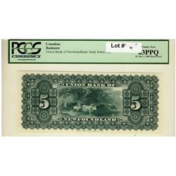 The Union Bank of Newfoundland, 1889 $5 BackProof CH-750-16-04s, PCGS CH UNC63PPQ.