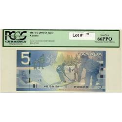 ERROR 2006 $5 BC-67a #AOZ1086130, PCGS Gem UNC66PPQ.  Mismatched serial numbers and prefix.  Similar