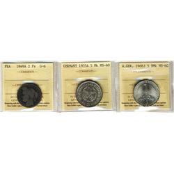 World coinage.  Includes France 1849A 2fr ICCS G6, Germany 1835A 5 Mark MS60 & 1968J 5Mk MS60. Lot o