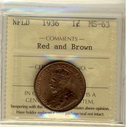 NFLD 1936 1¢ ICCS MS63 RB