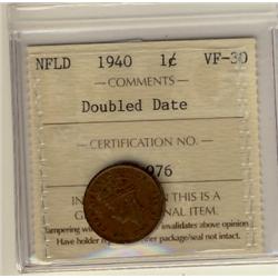 NFLD 1940 1¢ Doubled Date ICCS VF30
