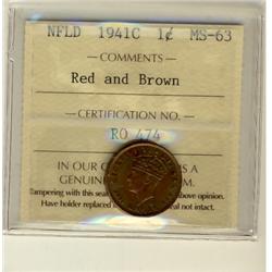 NFLD 1941C 1¢ ICCS MS63 RB