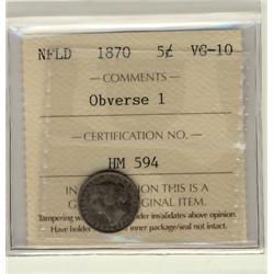 NFLD 1870 5¢ Obv 1 ICCS VG10