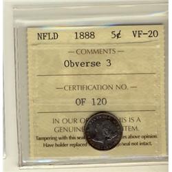NFLD 1888 5¢ Obv 3 ICCS VF20
