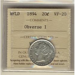 NFLD 1894 20¢ Obv 1 ICCS VF20