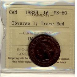 1882H Obv 1 1¢ ICCS MS60 Trace Red