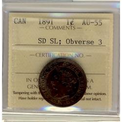 1891 SD SL Obv 3 1¢  ICCS AU55