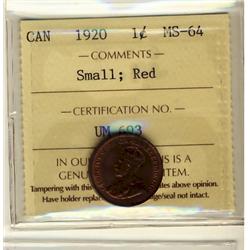 1920 1¢ Sml ICCS MS64RD.