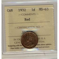 1932 1¢ ICCS MS63RD.