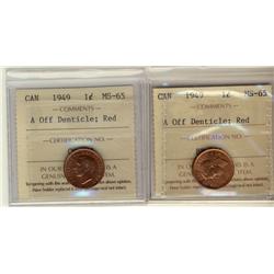 1949 1¢ A Off Dent ICCS MS65RD.  Lot of 2 coins.