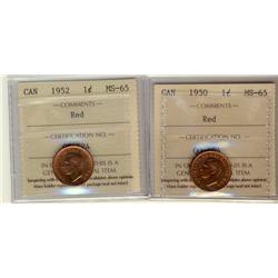 1950 & 1952 1¢ ICCS MS65RD.  Lot of 2 coins.