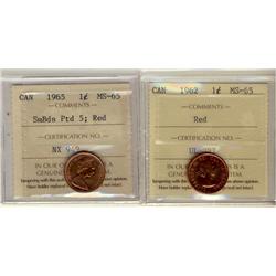 1962 & 1965 SmBds Ptd 5 1¢ ICCS MS65RD.  Lot of 2 coins.