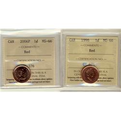 1998 & 2006P 1¢ ICCS MS66RD.  Lot of 2 coins.