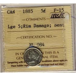 1885 5¢ Lge 5 ICCS F15 Rim Damage Bent