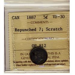 1887 5¢ Repunched 7 ICCS VF30 Scratch