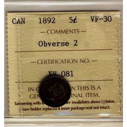 1892 5¢ Obv 2 ICCS VF30