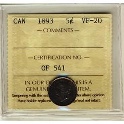1893 5¢ ICCS VF20