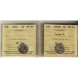 1902H 5¢ Large H EF45 & 1916 VF30.  Lot of 2 coins.