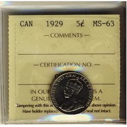 1929 5¢ ICCS MS63.
