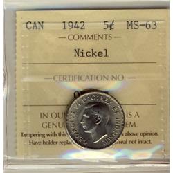 1942 5¢ Nickel ICCS MS63