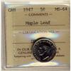 Image 1 : 1947 5¢ ML ICCS MS64