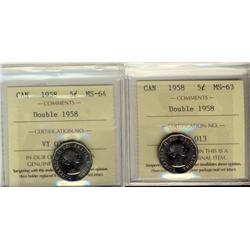 1958 5¢ Dbl Date MS63 and MS64. Lot of 2 coins.