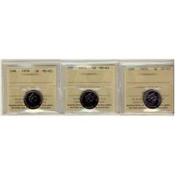 1970 5¢, 1973 & 1978 ICCS MS65.  Lot of 3 coins.