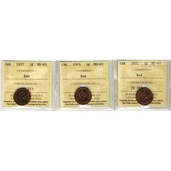 1971, 1975 & 1977 1¢ ICCS MS65.  Lot of 3 coins all red.