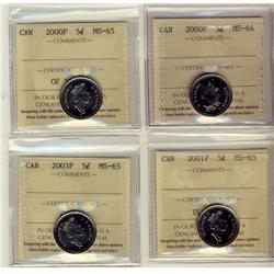 2000P 5¢ MS64, MS65, 2001P & 2003P MS65.  Lot of 4 ICCS graded coins.