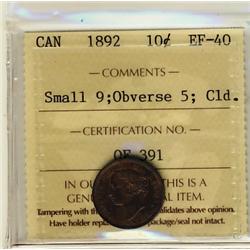 1892 10¢ Small 9 Obv 5 ICCS EF40 Cln
