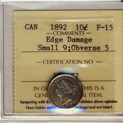 1892 10¢ Small 9 Obv 5 ICCS F15 Edge Damage