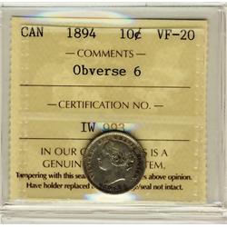 1894 10¢ Obv 6 ICCS VF20