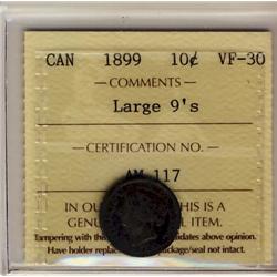 1899 10¢ Large 9 ICCS VF30