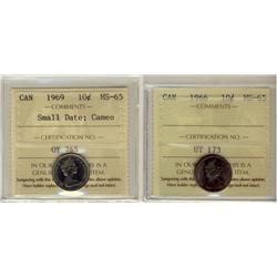 1966 & 1969 10¢ ICCS MS65.  Lot of 2 coins, 1969 designated cameo.