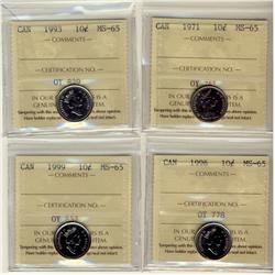 1971 10¢, 1993, 1996 & 1999 ICCS MS65.  Lot of 4 coins.