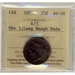 1886 6/3 25¢ Obv 5; Long Bough Ends ICCS AU58.  Very scarce.