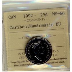 1992 25¢ ICCS MS66 Caribou; Numismatic BU