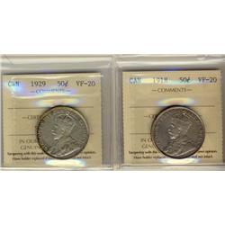 1918 & 1929 50¢ ICCS VF20. Lot of 2 coins.