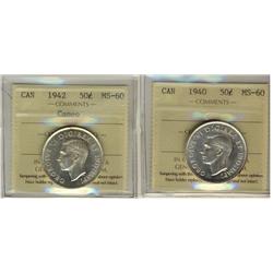 1940 & 1942 50¢ ICCS MS60.  Lot of 2 coins.