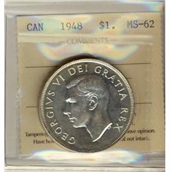 1948 $1 ICCS MS62.  Small tone on bottom border.