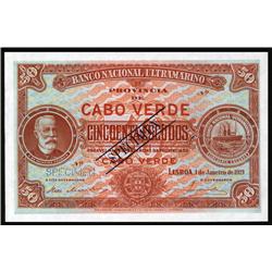 Cape Verde - Banco Nacional Ultrmarino, Series 1921 Specimen Banknote.