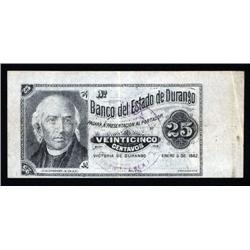 Mexico - Banco Del Estado De Durango, 1882 Issue.