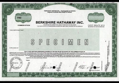 Nebraska Berkshire Hathaway Inc Historic Specimen Stock Certificate nebraska-berkshire-hathaway-inc-historic-specimen-stock-certificate