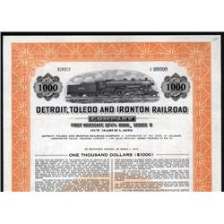 Michigan, Ohio - Detroit, Toledo and Ironton Railroad Co. Specimen Bond.